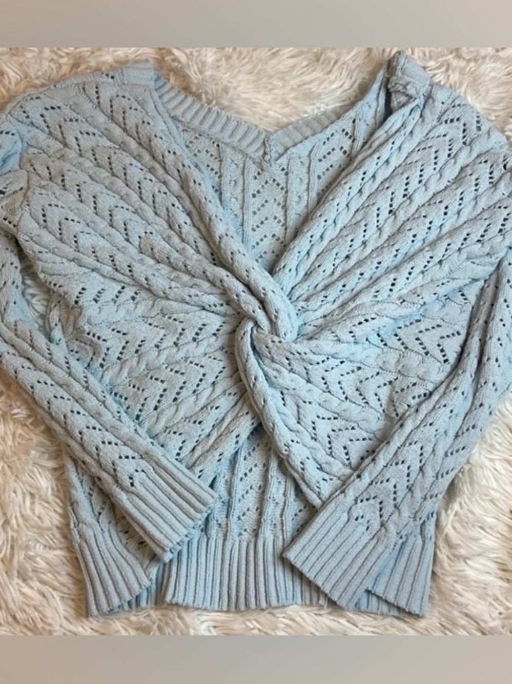 Marshalls Light Blue Twist-Front Open-Knit Off-Shoulder Sweater